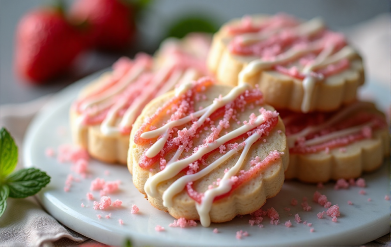 "A stunning plate of strawberry shortbread cookies arranged in a perfect circle, each cookie showcasing golden edges and soft pink hues from fresh strawberries, lightly dusted with powdered sugar, styled on a rustic wooden table with a cozy kitchen background, warm natural lighting, and soft shadows."