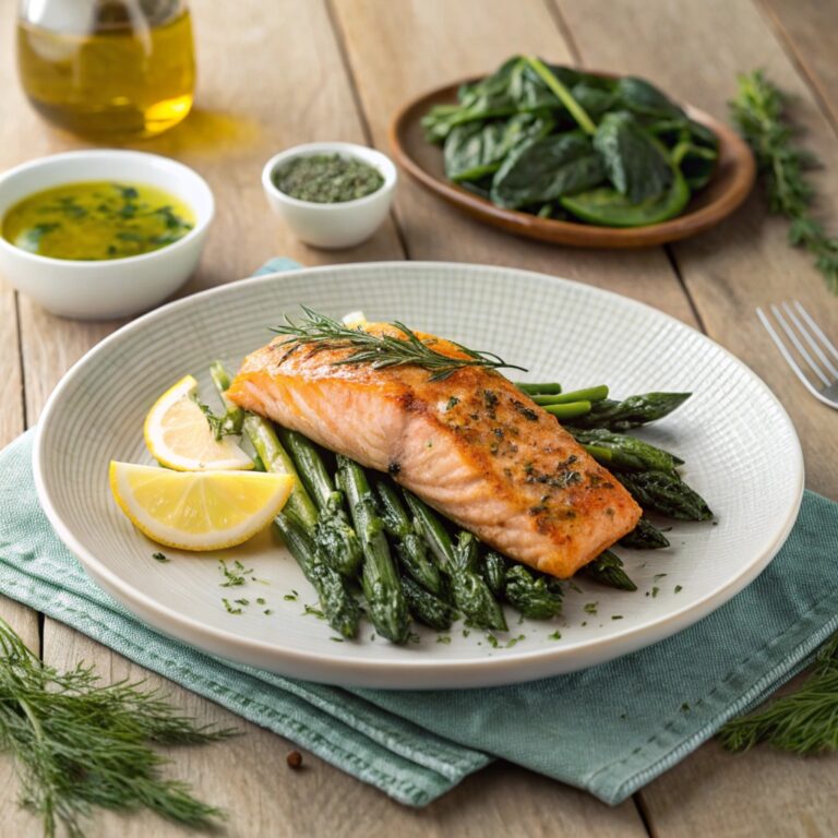 Grilled Salmon with Roasted Asparagus and Sautéed Spinach