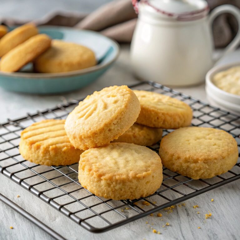 Freshly baked shortbread cookies on a cooling rack with a golden-brown color.