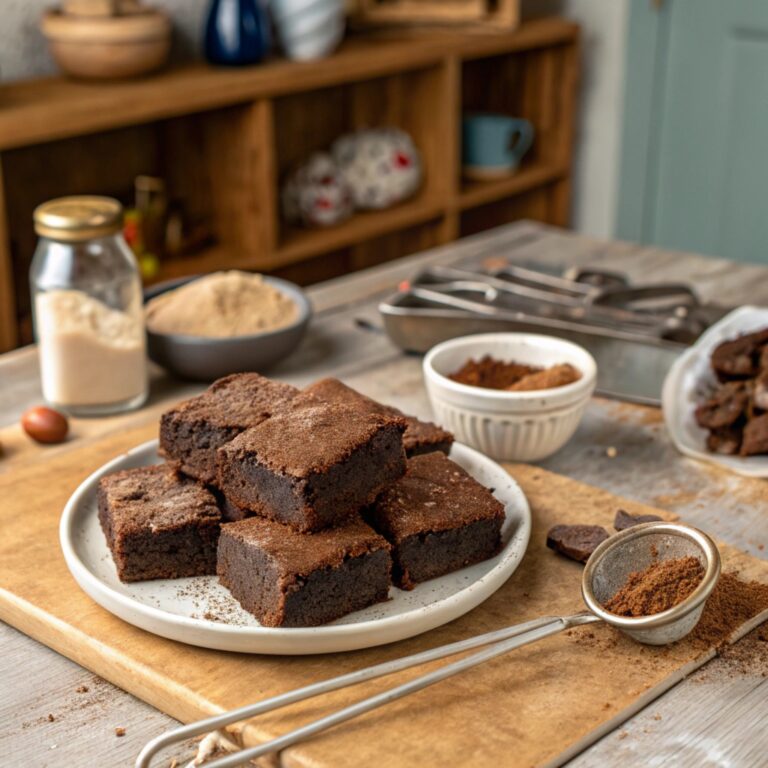 Fudgy brownies with protein powder scoops in a rustic kitchen.