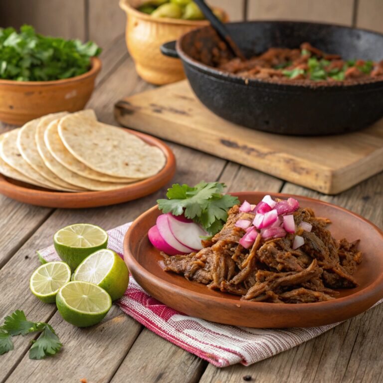 A rustic plate of traditional Mexican barbacoa served with corn tortillas, lime wedges, cilantro, onions, and radishes, showcasing its vibrant presentation.