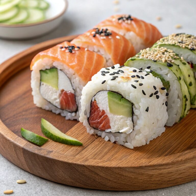 Philadelphia roll and Alaska roll on a wooden sushi platter.