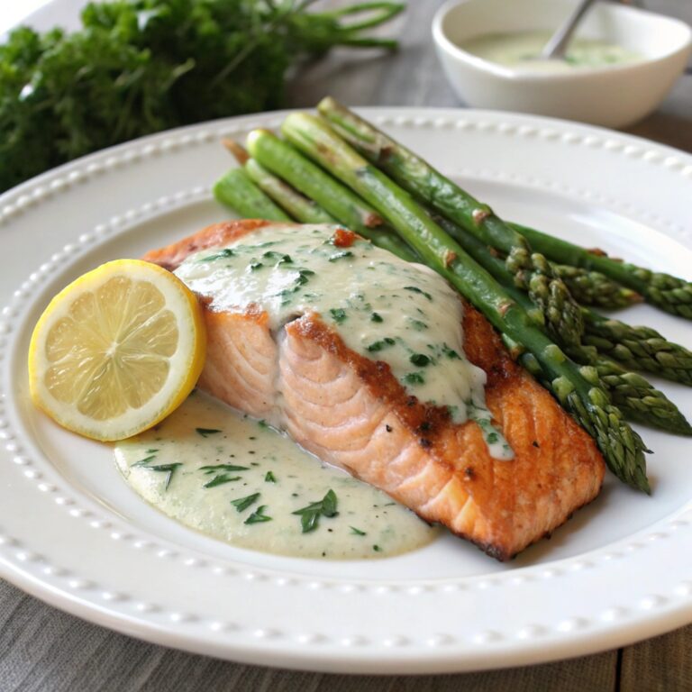 Seared salmon with creamy dill sauce, roasted asparagus, and lemon wedge, garnished with parsley.