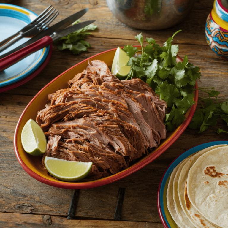 A traditional plate of barbacoa with shredded meat, fresh cilantro, lime wedges, and warm tortillas.