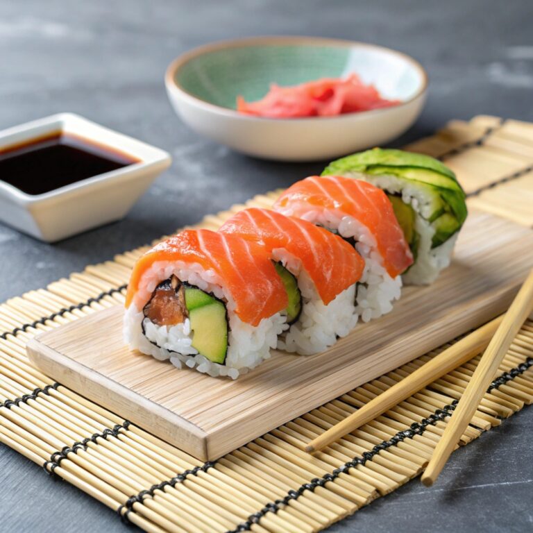 Close-up of an Alaska roll with fresh ingredients.