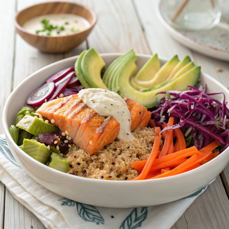 Healthy salmon bowl with fresh vegetables and quinoa.