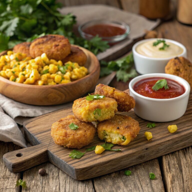 Crispy corn fritters and golden corn nuggets on a wooden table.