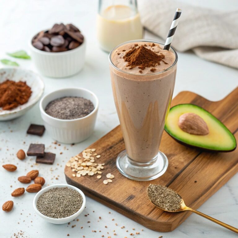 Creamy chocolate keto shake in a tall glass, garnished with cocoa powder and avocado, surrounded by almond milk, chia seeds, and MCT oil