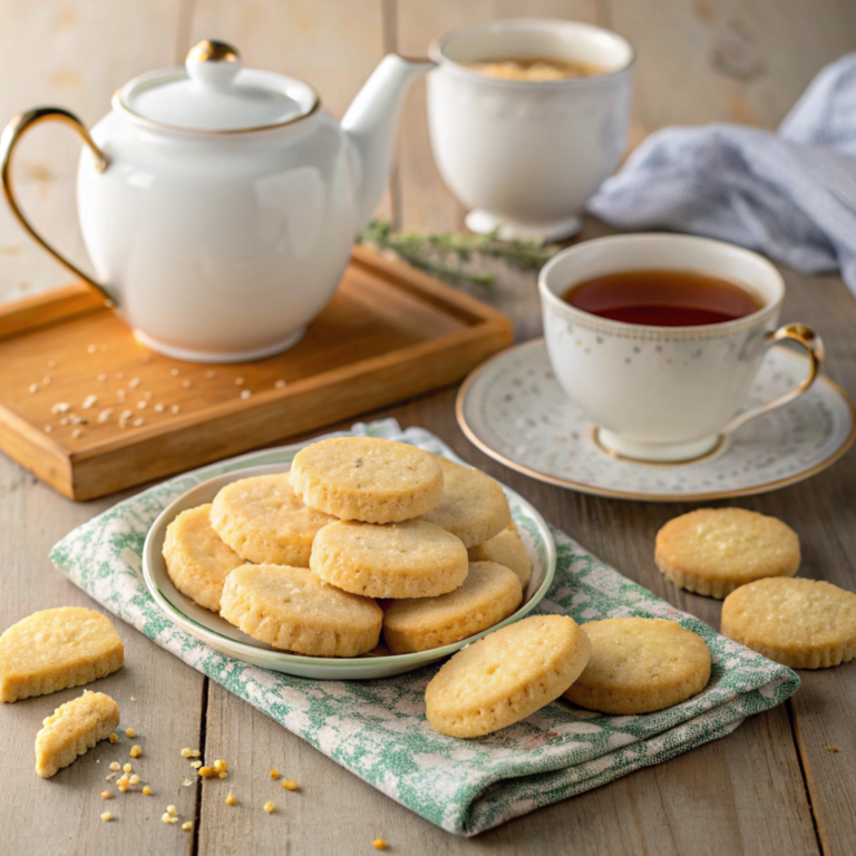 Traditional Scottish shortbread served with tea on tartan fabric.