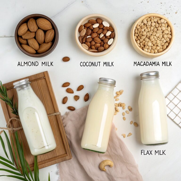 Flat lay of almond, coconut, macadamia, and flax milk in labeled jars with their ingredients on a white background.