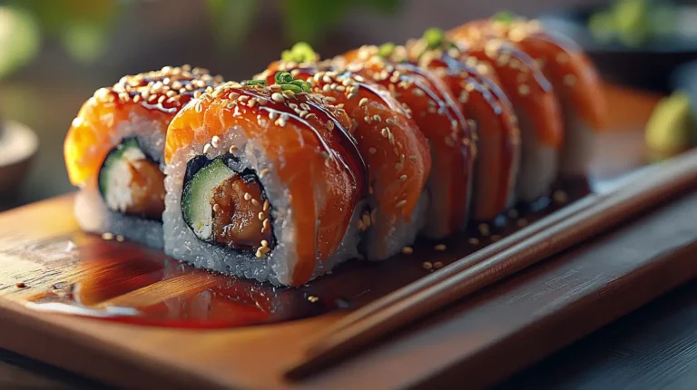 Dragon Roll topped with avocado, unagi sauce, and tobiko