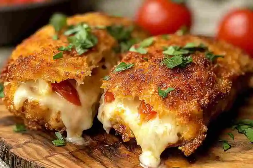 Golden-brown mozzarella stuffed chicken with cheese melting out