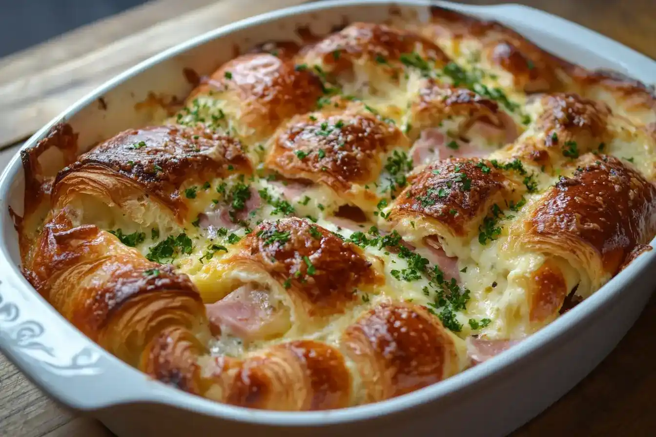 Golden croissant bake with ham and cheese in a white dish.