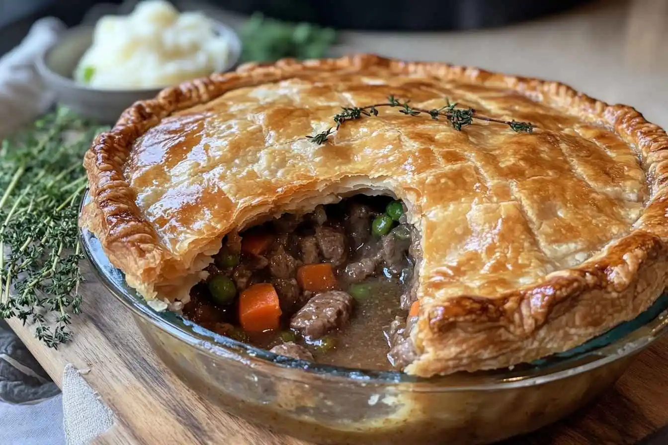 A freshly baked beef pot pie with a golden, flaky crust and a rich, savory filling.