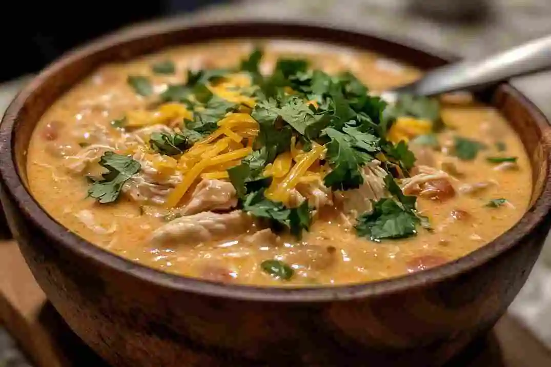 A bowl of creamy Crockpot Cream Cheese Chicken Chili with toppings.