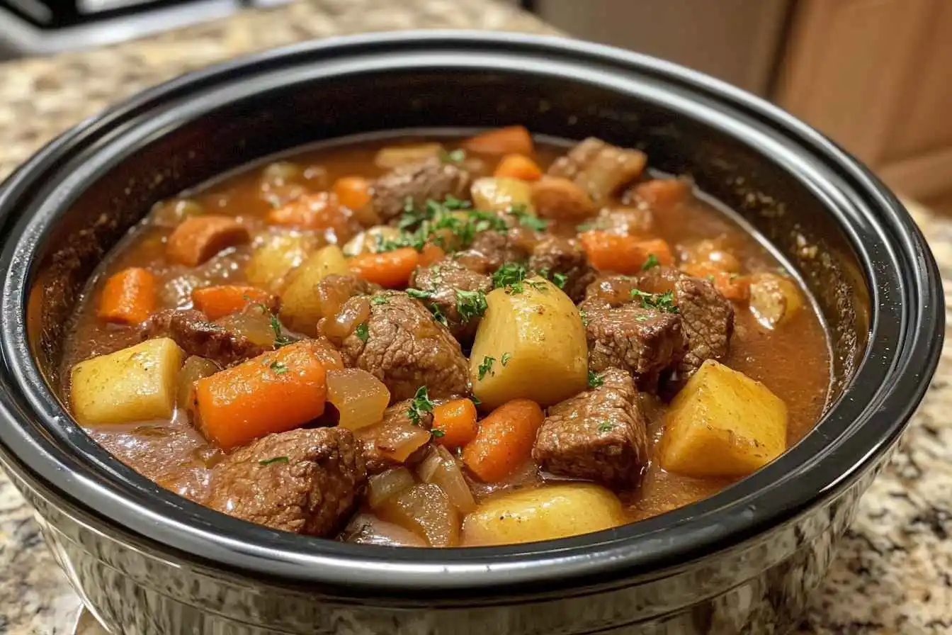 Slow-cooked beef stew in a crockpot with vegetables and rich broth.