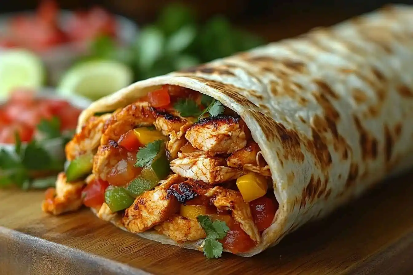 Delicious homemade chicken burrito served with salsa and guacamole.