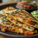 Crispy chicken quesadilla with melted cheese, guacamole, and salsa.