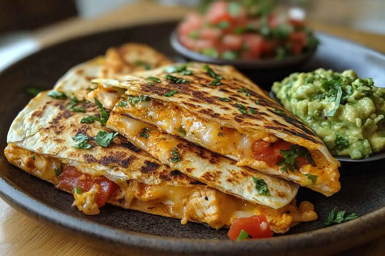 Crispy chicken quesadilla with melted cheese, guacamole, and salsa.