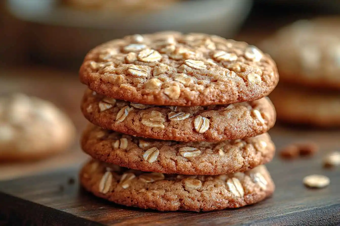 A stack of freshly baked banana oatmeal cookies with visible oats and banana chunks.