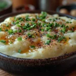 Creamy loaded mashed potatoes topped with cheese and green onions.