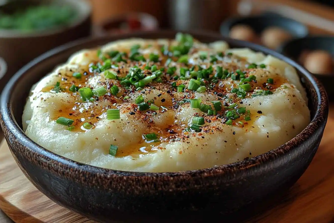 Creamy loaded mashed potatoes topped with cheese and green onions.