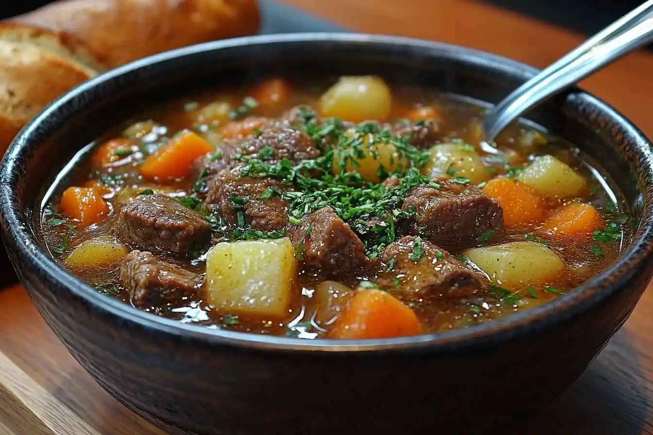 A bowl of hearty crockpot beef stew with vegetables and fresh herbs.