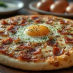 Delicious breakfast pizza with bacon, cheese, and egg.