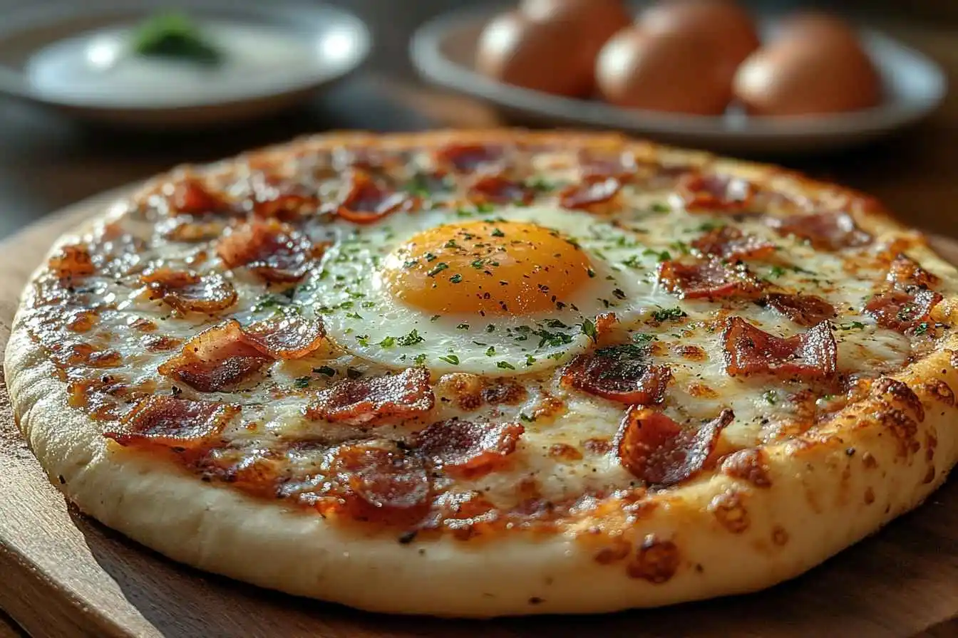 Delicious breakfast pizza with bacon, cheese, and egg.