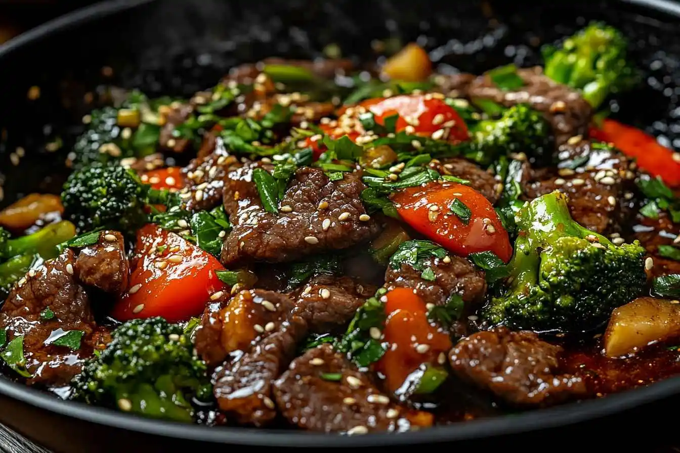 Beef and broccoli stir fry in a wok with a rich brown sauce.