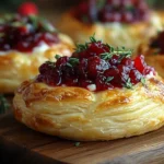 Close-up of brie and cranberry bites on a wooden board with holiday decorations.