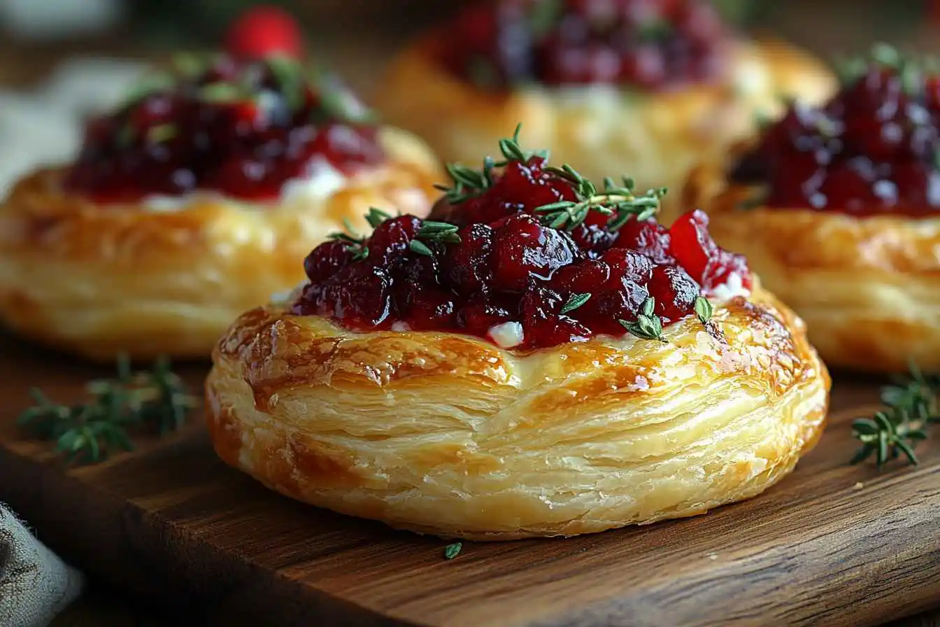 Close-up of brie and cranberry bites on a wooden board with holiday decorations.