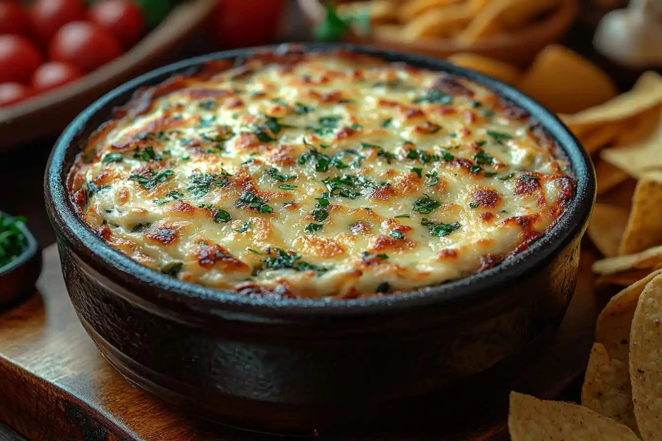 Delicious homemade Crockpot Spinach Artichoke Dip with melted cheese