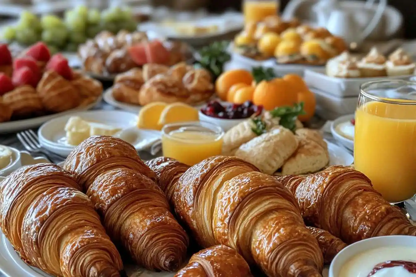 A continental breakfast spread with croissants, fruits, coffee, and juice.